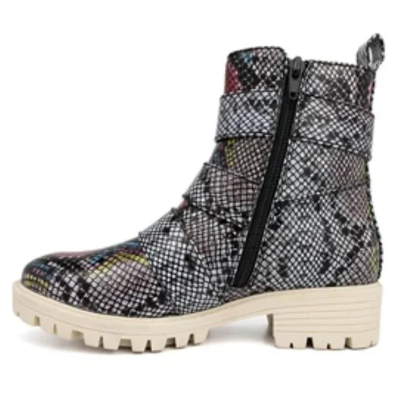 NEW Womens Combat Boots Moto Grunge Pink Multi Jeweled Bling Buckles Reptile 7.5 - Picture 7 of 12